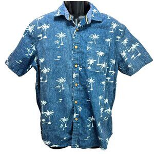 Ron Jon Surf Shop Blue Palm Tree Print Mens Short Sleeve Button-Up Shirt Large